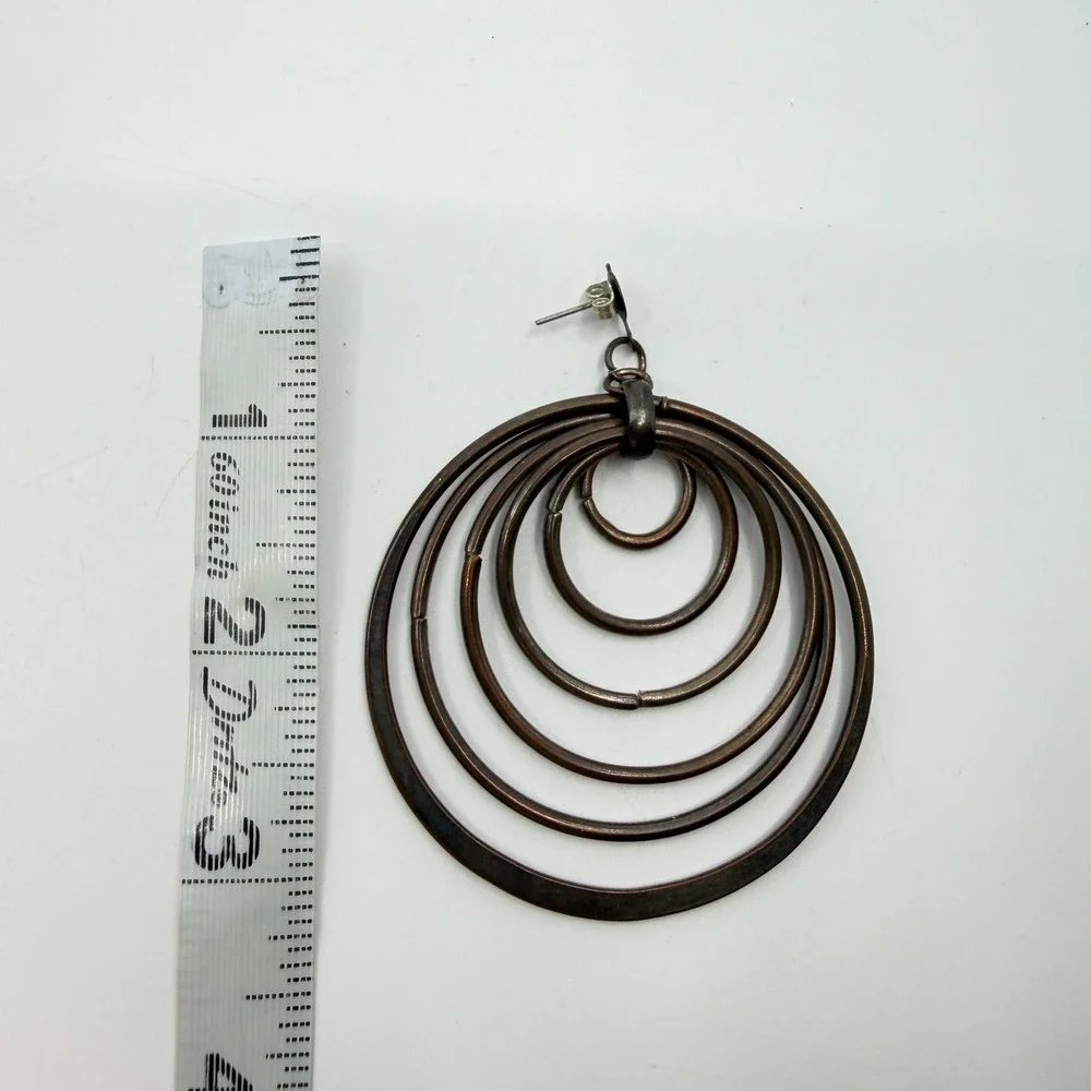 Copper Tone Concentric Multi Hoop Dangle Earrings Boho Artisan Statement Gift